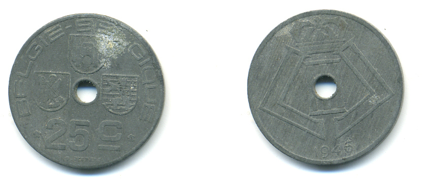 БЕЛЬГИЯ 25 САНТИМОВ 1946 BELGIE-BELGIQUE, ГЕРМАНСКАЯ ОККУПАЦИЯ, ВТОРАЯ МИРОВАЯ ВОЙНА KM 132 цинк 83-342