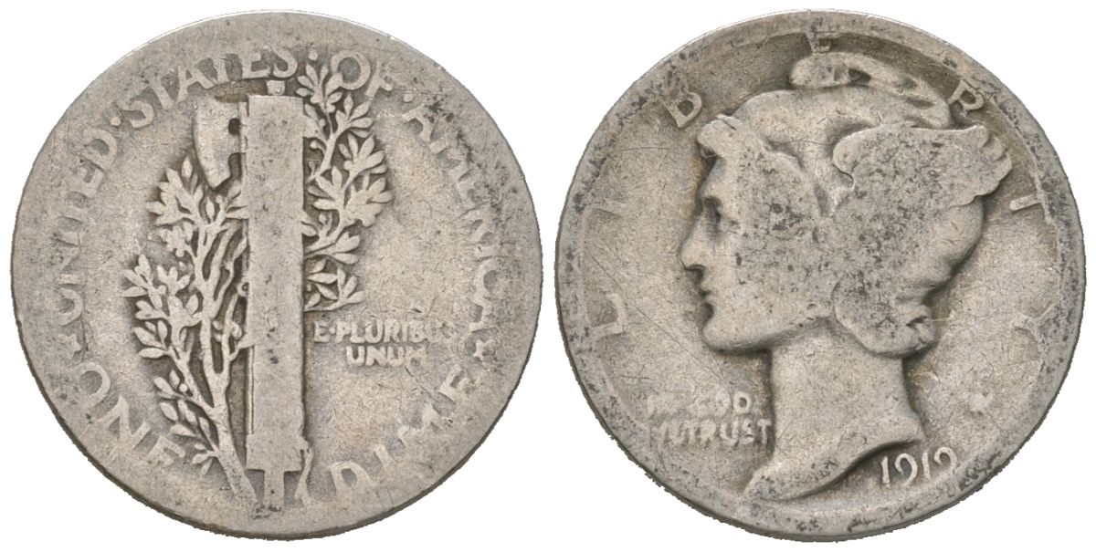 США 10 центов (дайм) 1919 KM 140 серебро 3334-1013