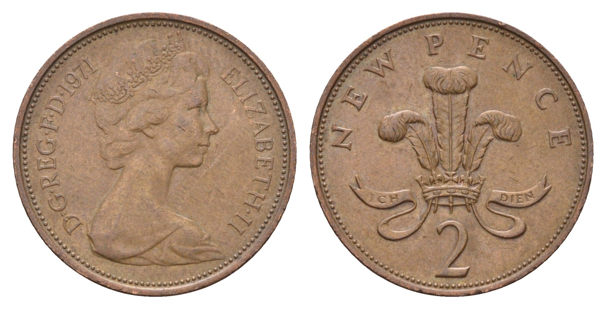 Великобритания 2 пенса 1971 Елизавета II (1952-2022) KM 916, Spink 4235 (C1) бронза 4671-1144