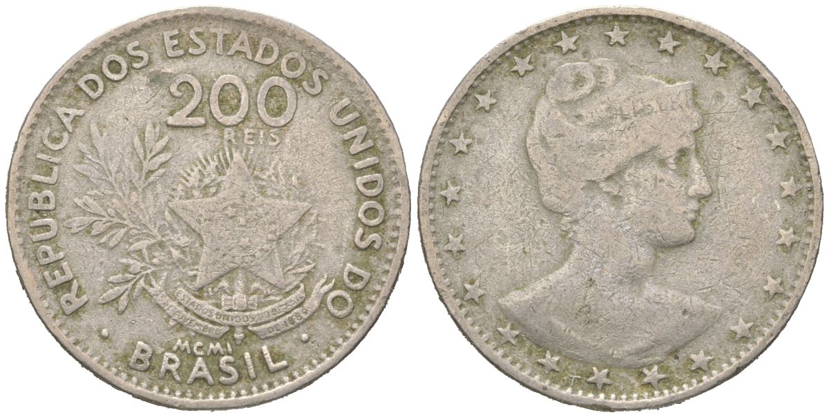 Бразилия 200 реалов 1901 MCMI, голова свободы вправо KM 504 медно-никель 4612-242