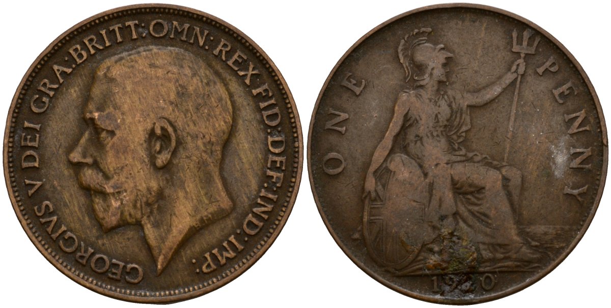 Великобритания 1 пенни 1920 Георг V (1910-1936) KM 810, Spink 4051 бронза 4599-241