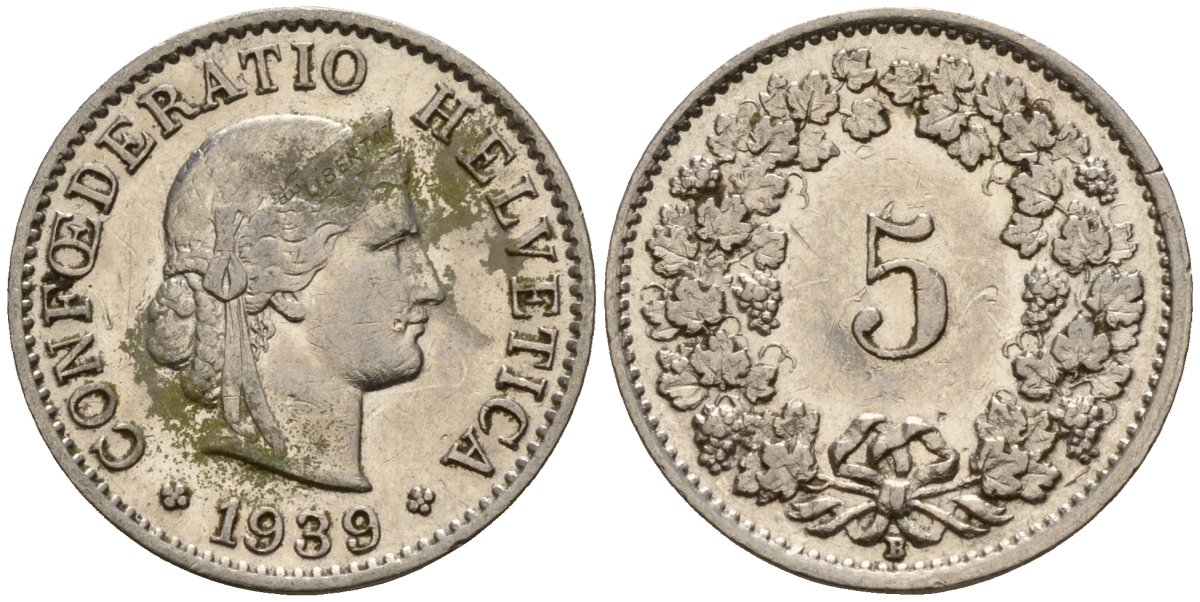 Швейцария 5 раппенов 1939 B KM 26 медно-никель 4189-324