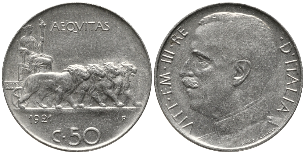 ИТАЛИЯ 50 ЧЕНТЕЗИМО 1921 R, ГЛАДКИЙ ГУРТ, МАГНИТНАЯ KM 61.1 никель 34-1233