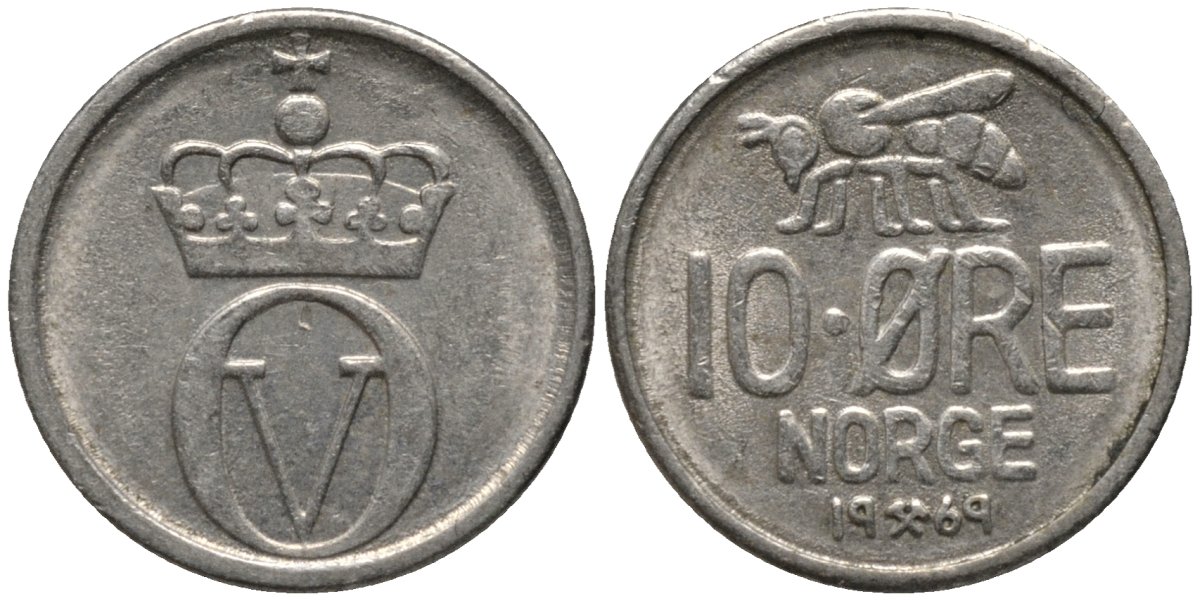 Норвегия 10 эре 1969 пчела, Улаф V KM 411 медно-никель 211-653