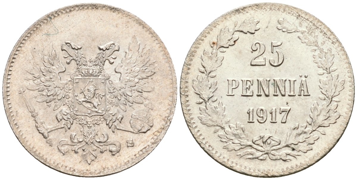 Россия для Финляндии 25 пенни 1917 S, временное правительство, без короны KM 19, Биткин 2 серебро aUNC 4580-1239