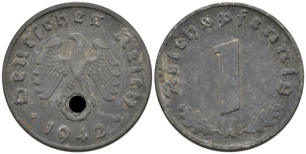 Германия 1 рейхспфенниг 1942 А KM 97, J. 369 цинк 4567-1051