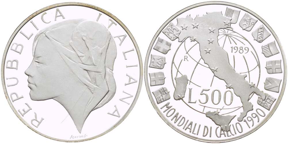 Италия 500 лир 1989 R, чемпионат мира по футболу в Италии 1990 года, карта Италии на глобусе, гербы KM 134 серебро PROOF 1080-1-41