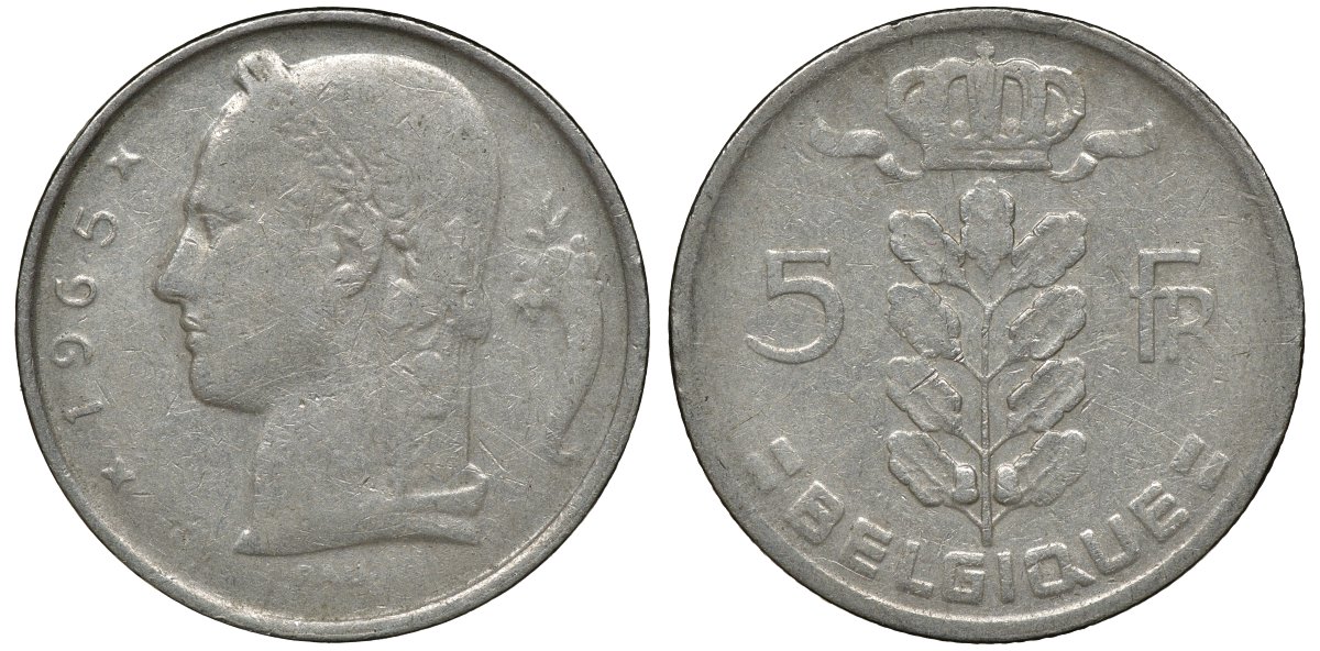БЕЛЬГИЯ 5 ФРАНКОВ 1965 BELGIQUE KM 134.1 медно-никель 72-1213