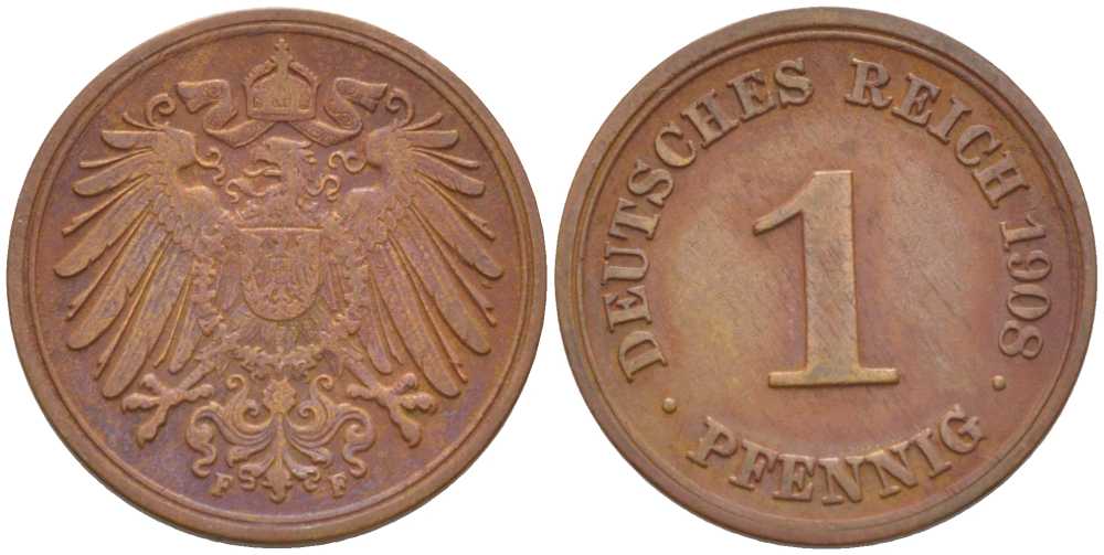 ГЕРМАНИЯ 1 ПФЕННИГ 1908 F KM 10, J. 10, Weege 2 медь 211-411