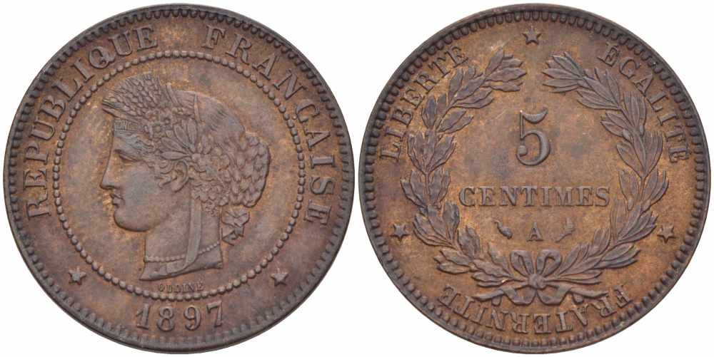 ФРАНЦИЯ 5 САНТИМОВ 1897 А, ТРЕТЬЯ РЕСПУБЛИКА (1871-1940) KM 821.1, LE FRANC 118.41 бронза 108-651