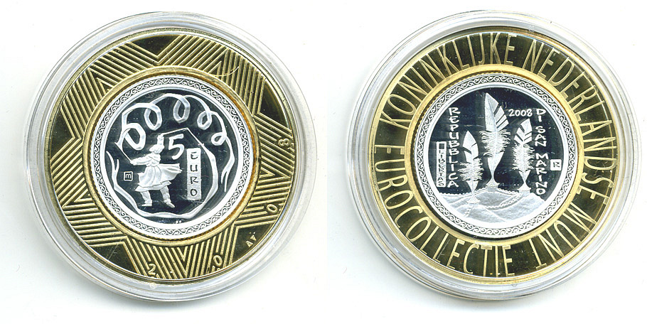 Сан-Марино 5 евро 2008 Олимпиада в Пекине, танец с лентами, евроколлекция Нидерландского монетного двора KM 513 серебро PROOF 05-042-34