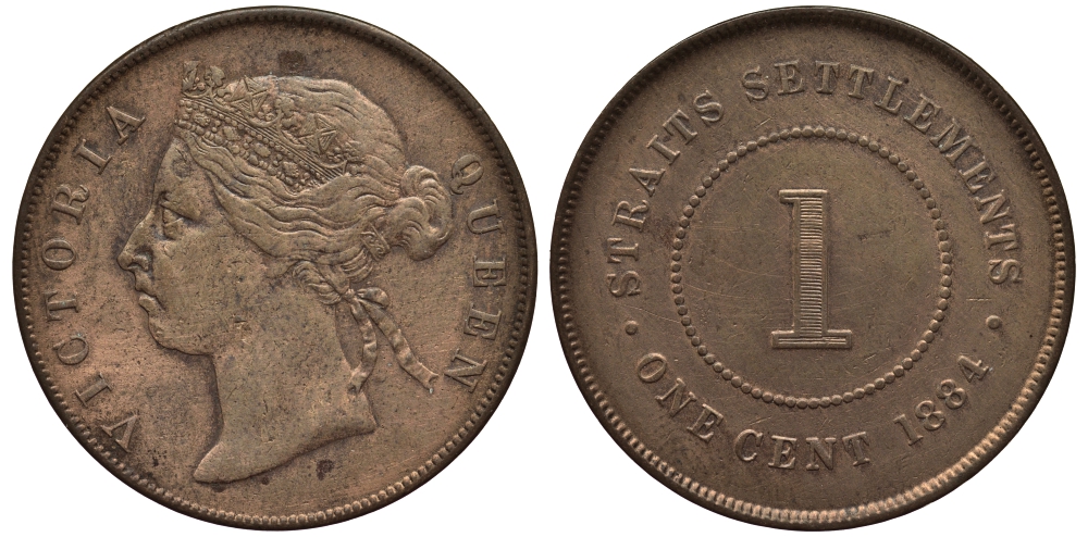 Стрейтс-Сетлментс 1 цент 1884 Виктория (1837-1901), монетный тип KM 9а медь 1523-325