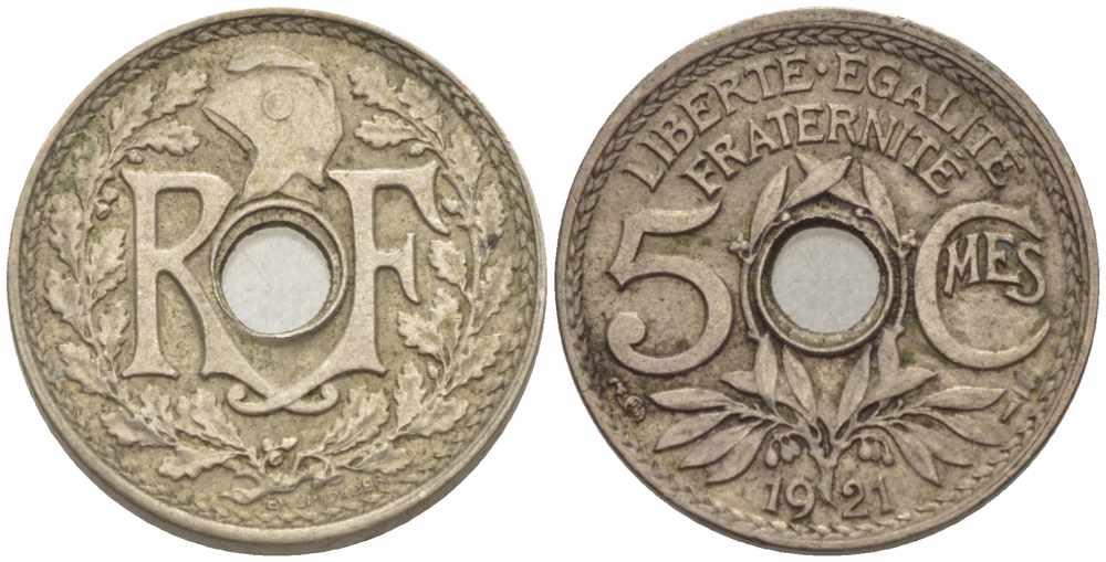 ФРАНЦИЯ 5 САНТИМОВ 1921 ТИП ЛИНДАЙЁ KM 875, LE FRANC 122.3 медно-никель 4379-727