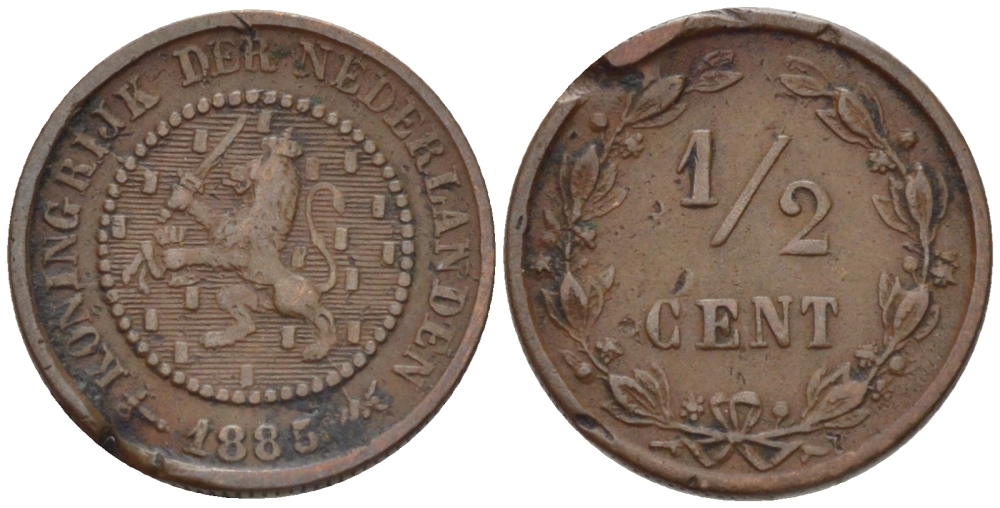 НИДЕРЛАНДЫ 1/2 ЦЕНТА 1885 ВИЛЬЯМ III (1849-1890) KM 109 бронза 39-142