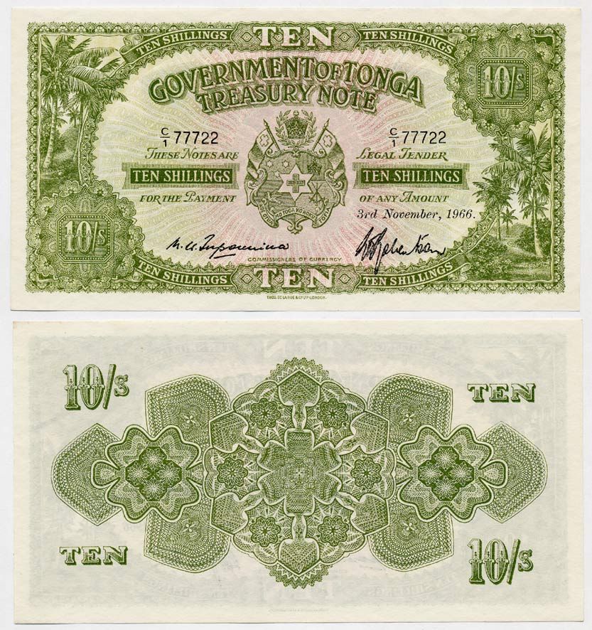 ТОНГА 10 ШИЛЛИНГОВ 1964 Pick 10 e бумага UNC (ПРЕСС) 000-000-00