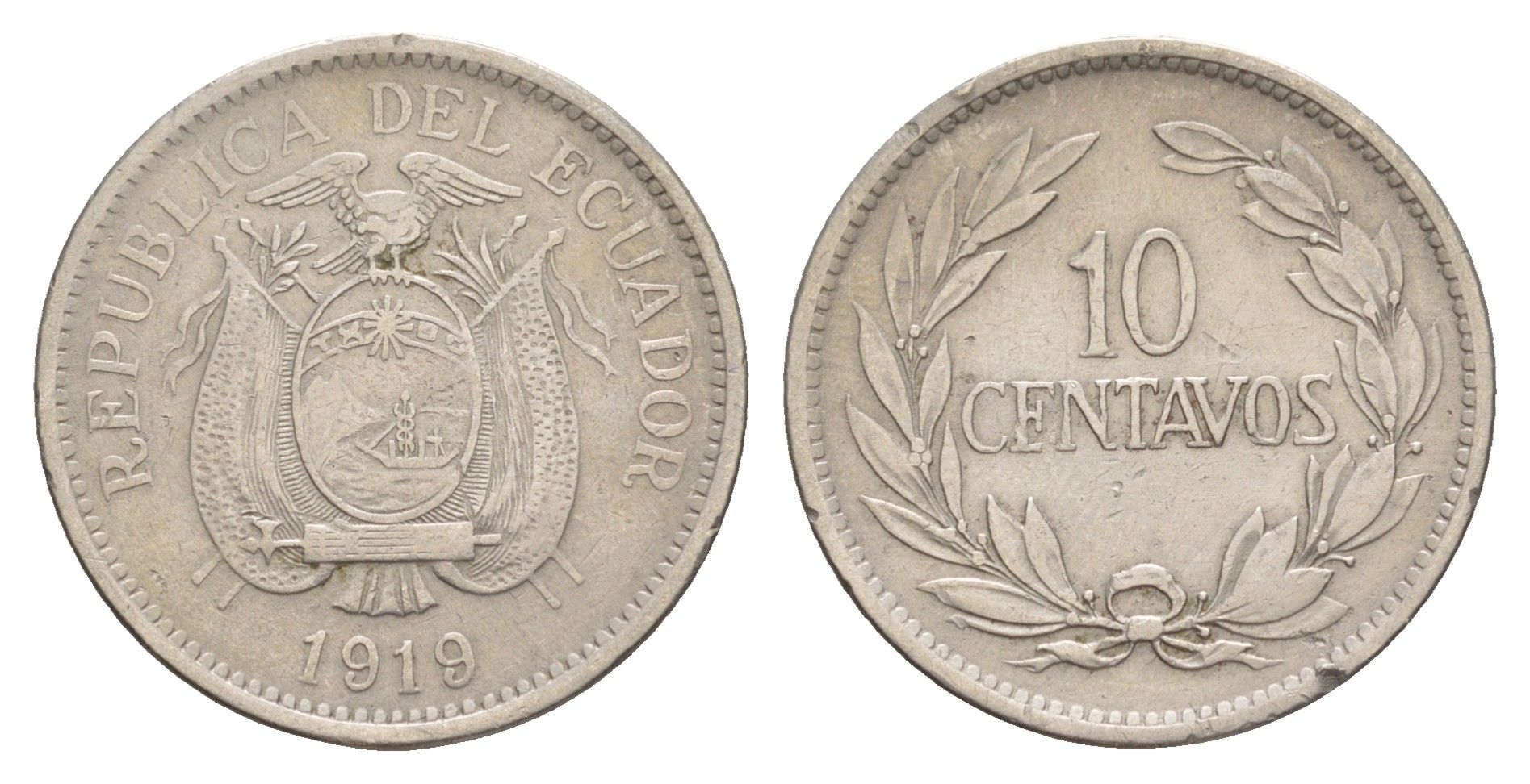 Эквадор 10 сентаво 1919 KM 64 медно-никель 4641-552