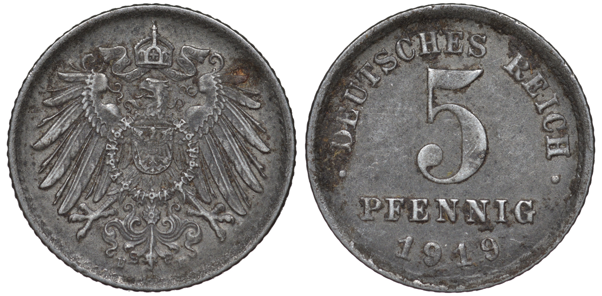 ГЕРМАНИЯ 5 ПФЕННИГОВ 1919 E KM 19, J. 297 железо 45-1139