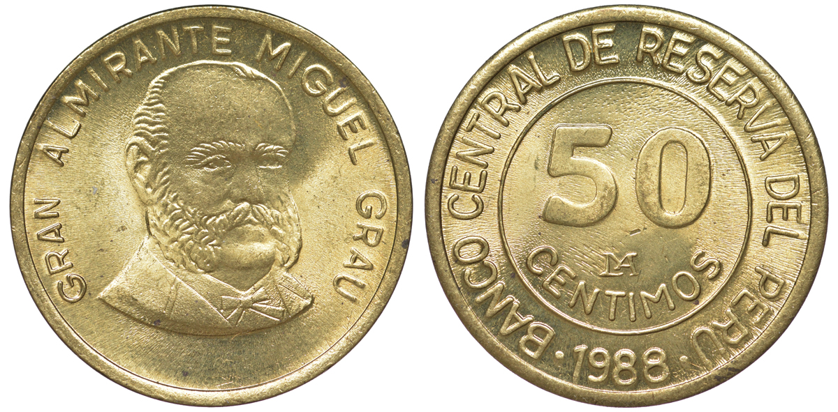 Перу 50 сентимо 1988 Мигель Грау Семинарио KM 295 латунь aUNC 4605-416