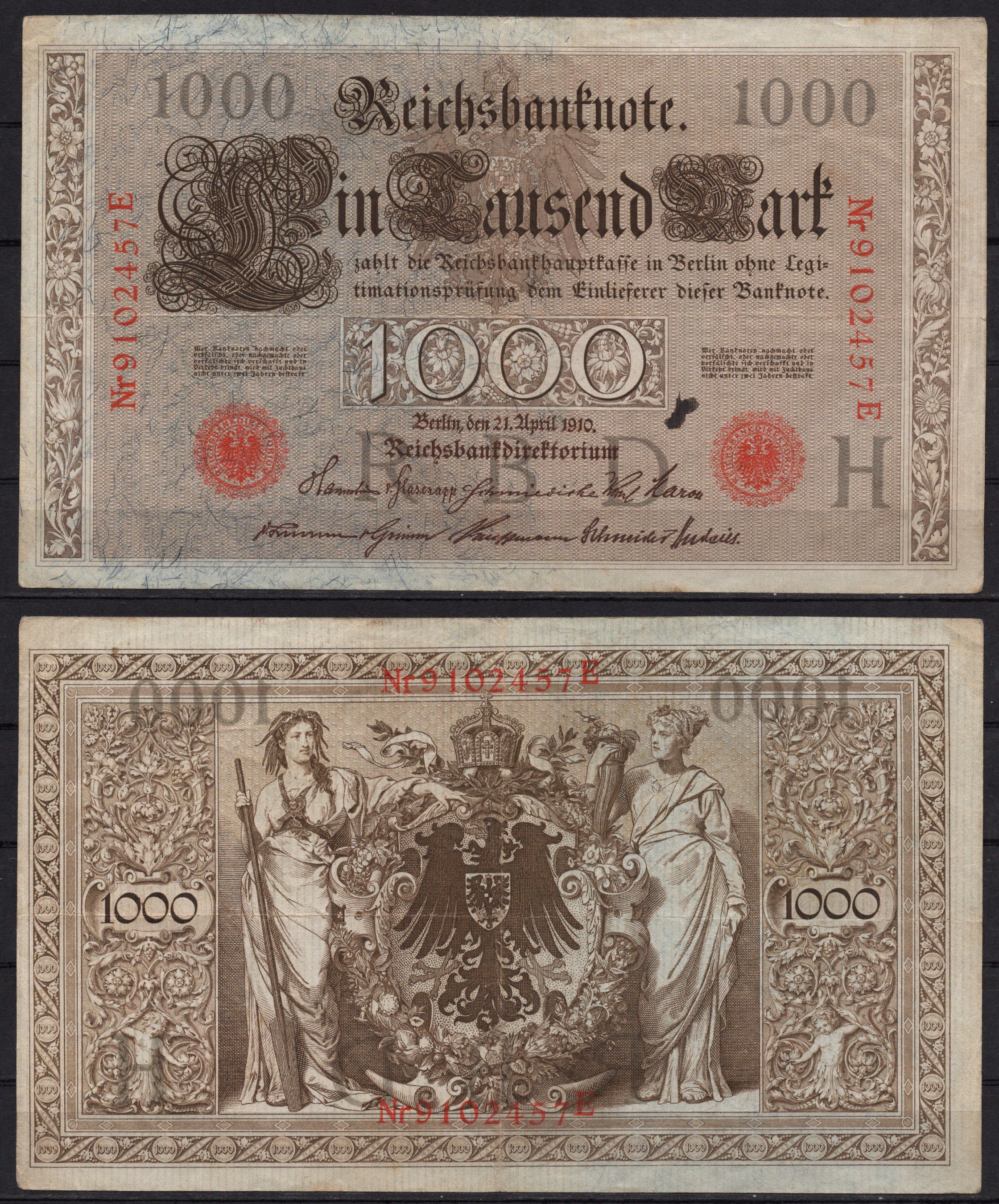 Германия 1000 марок 1910 Pick 45 b бумага 2192-78-1-2