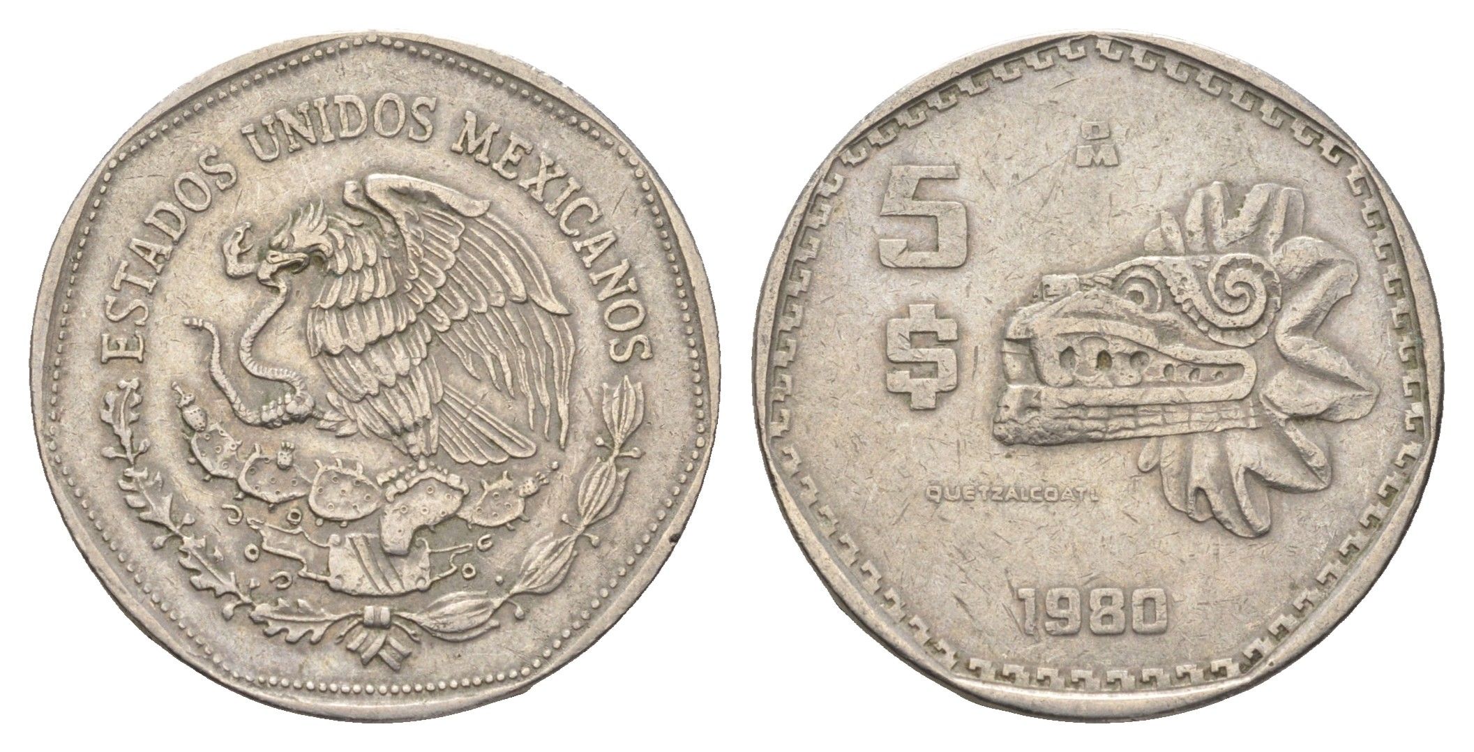 Мексика 5 песо 1980 ацтеская скульптура, пернатый змей Кетцалькоатль KM 485 медно-никель 4663-1027