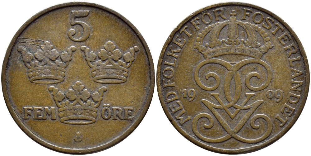 Швеция 5 эре 1909 Густав V (1907-1950), малый крест в монограмме KM 779.1 бронза 4395-1017