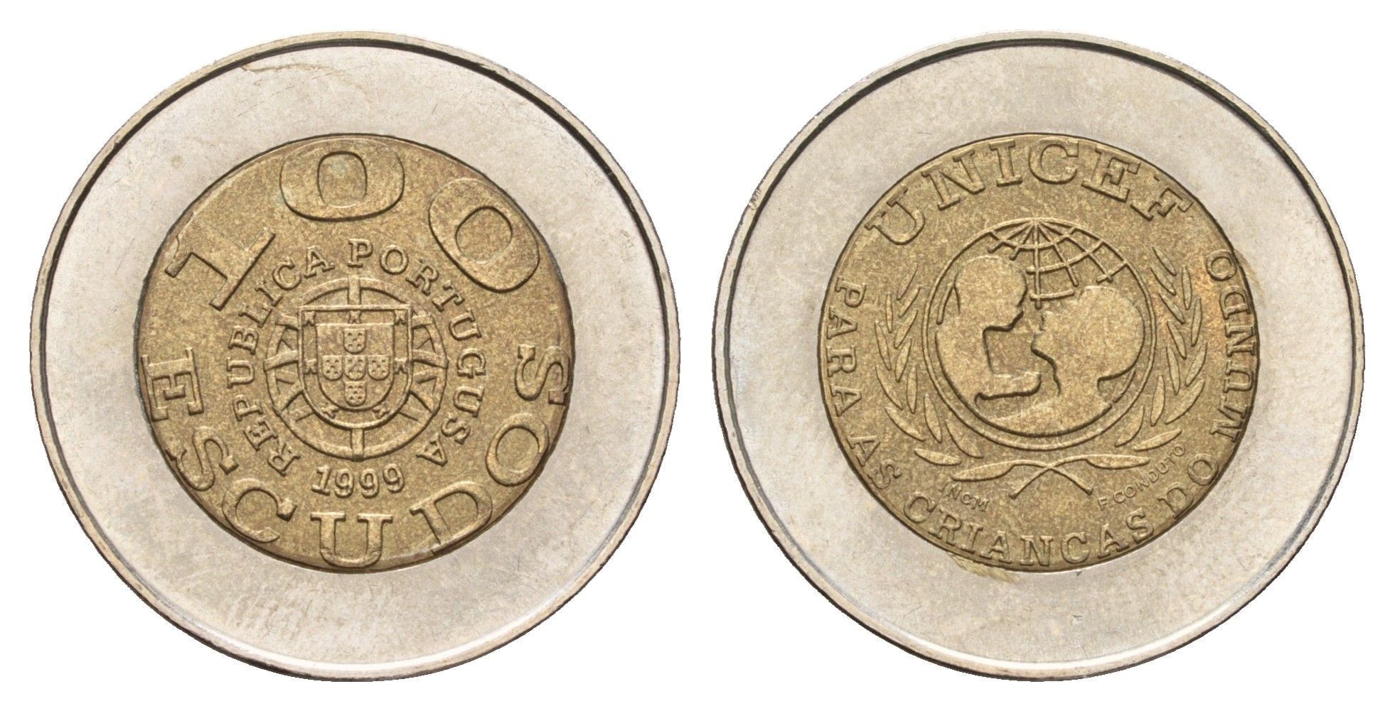 Португалия 100 эскудо 1999 ЮНИСЕФ, PORTUGUSA KM 722.2 биметалл UNC 4678-836