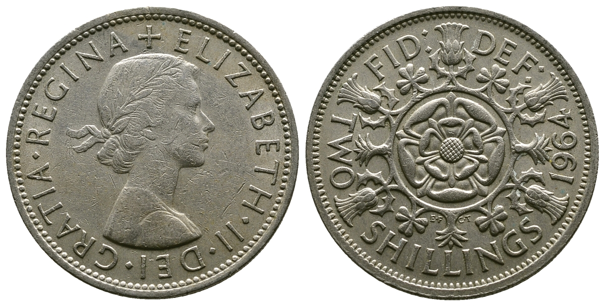 Великобритания 2 шиллинга (флорин) 1964 Елизавета II (1952-2022) KM 906, Spink 4146 медно-никель 4382-512