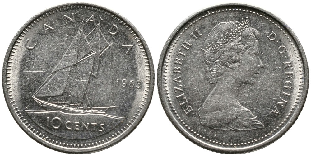 Канада 10 центов 1983 Елизавета II (1953- ), парусник KM 77.2 никель 4532-828
