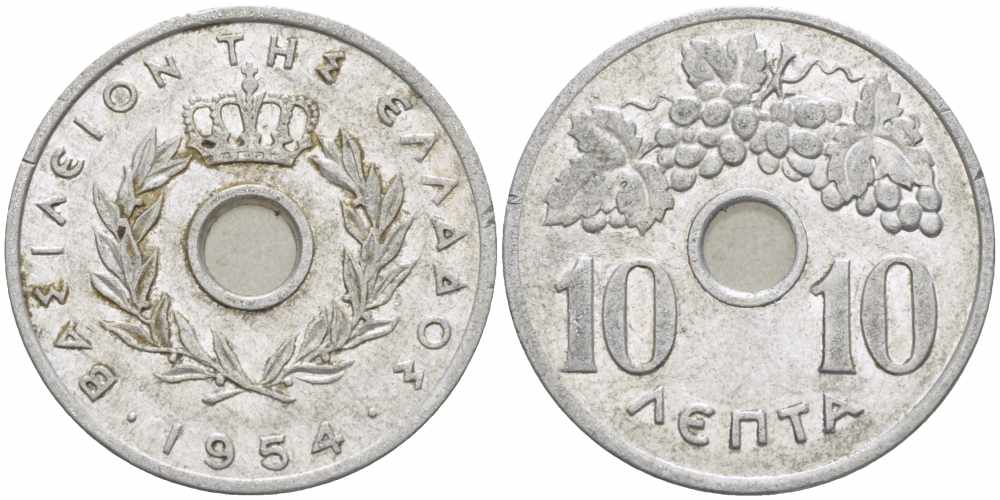 Греция 10 лепта 1954 Павел I (1947-1964), виноградная лоза KM 78 алюминий 108-1217