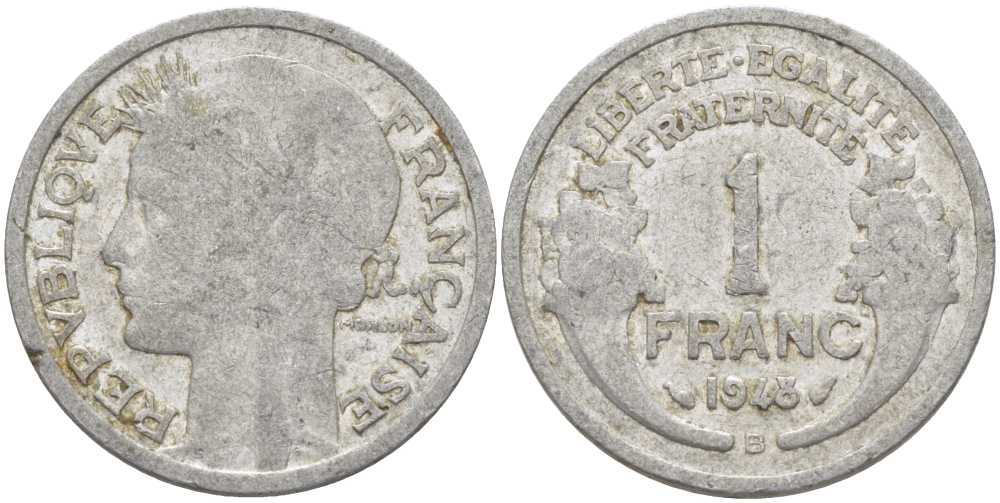 ФРАНЦИЯ 1 ФРАНК 1948 B, ТИП MORLON KM 885а.2, LE FRANC 221.14 алюминий 212-916