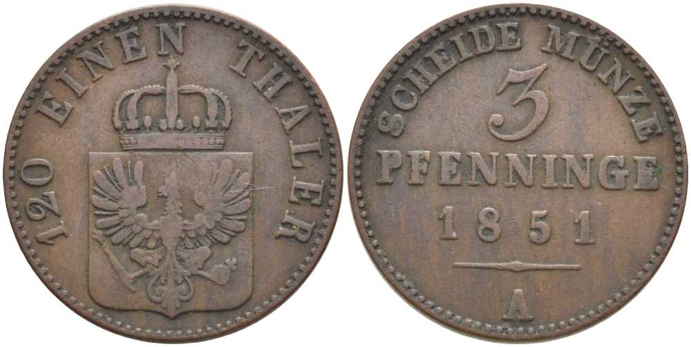 ПРУССИЯ 3 ПФЕННИГА 1851 А, ФРИДРИХ ВИЛЬГЕЛЬМ (1840-1861) KM 453 медь 117-155