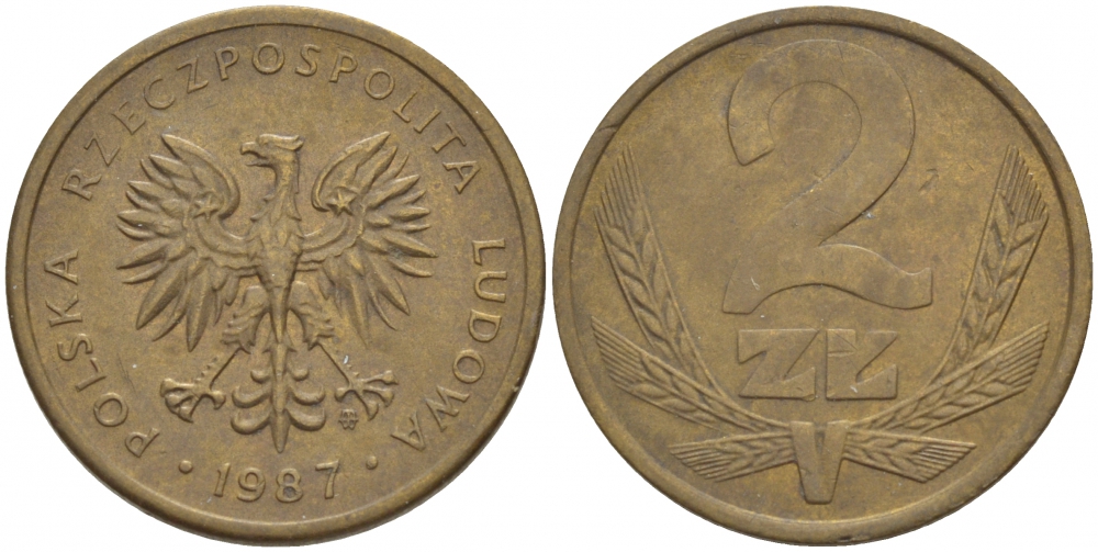 ПОЛЬША 2 ЗЛОТЫХ 1987 MW KM 80.2 латунь 4548-526
