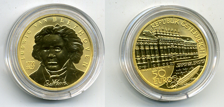 АВСТРИЯ 50 ЕВРО 2005 БЕТХОВЕН золото PROOF 2-1-11