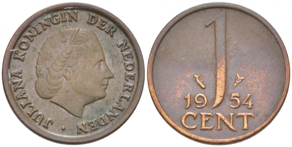 Нидерланды 1 цент 1954 Юлиана (1949-1980) KM 180 бронза 3457-1266