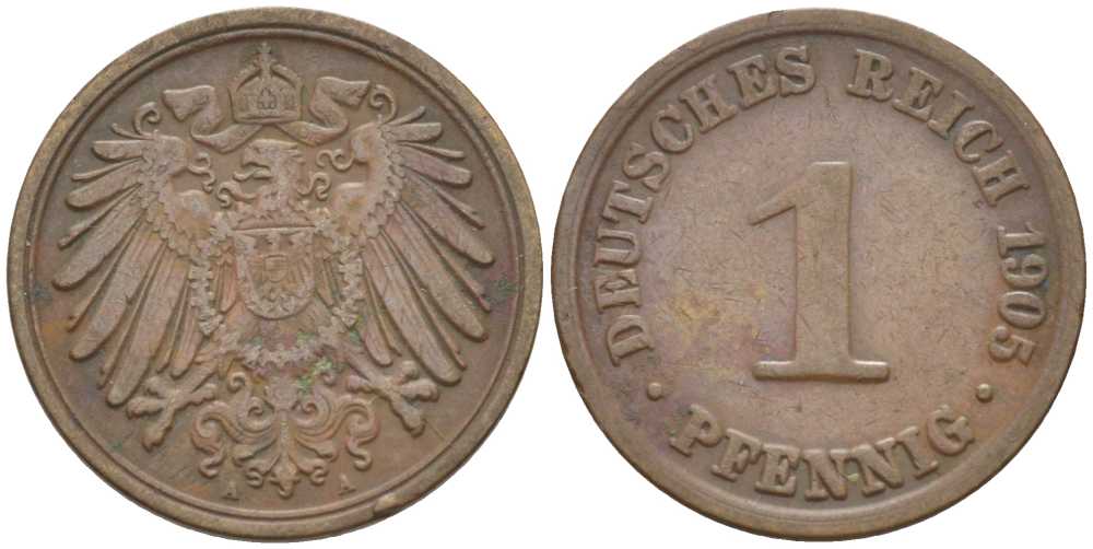 ГЕРМАНИЯ 1 ПФЕННИГ 1905 A KM 10, J. 10, Weege 2 медь 211-328