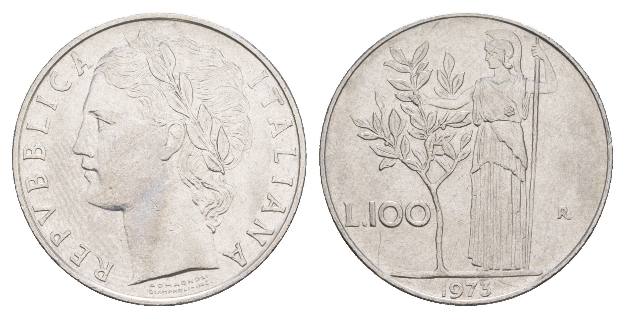 Италия 100 лир 1975 R, Афина в доспехах KM 96.1 нержавеющая сталь 4556-236