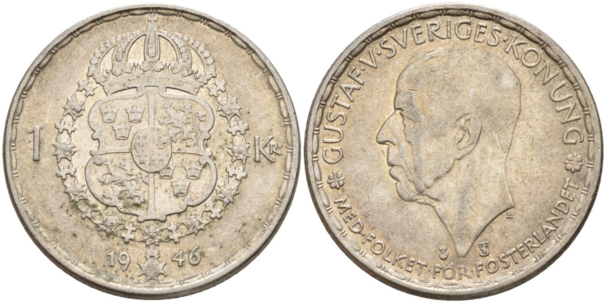Швеция 1 крона 1946 TS, Густав V (1907-1950) KM 814 серебро 4148-1036