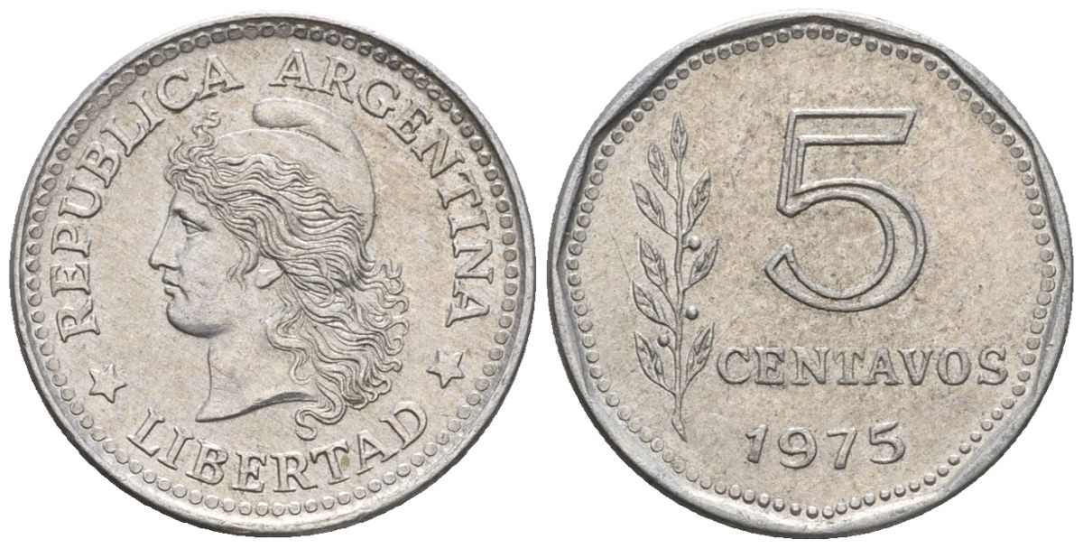 Аргентина 5 сентаво 1975 голова свободы влево KM 65, CJ 354, Schon 65 алюминий    4609-1216