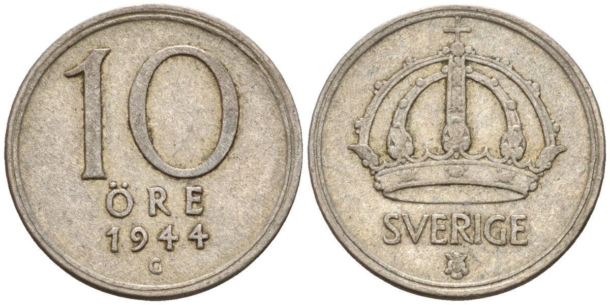 Швеция 10 эре 1944 G, Густав V (1907-1950) KM 813 серебро 4147-845