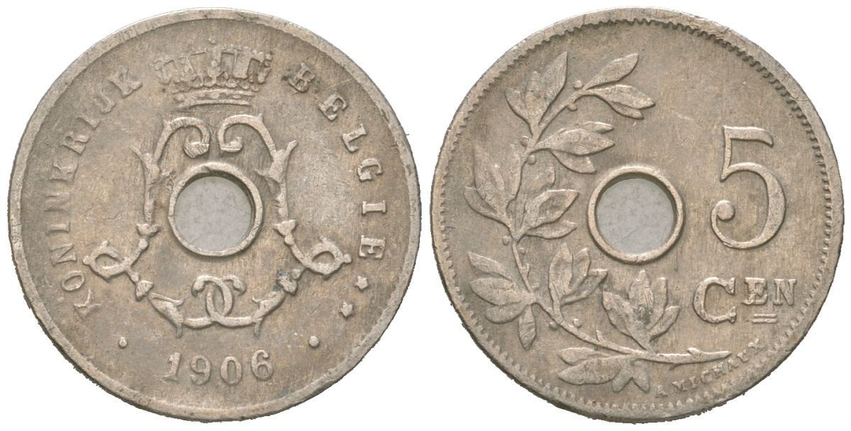 Бельгия 5 сантимов 1906 BELGI?, Леопольд II (1865-1909) KM 47 медно-никель 4617-623