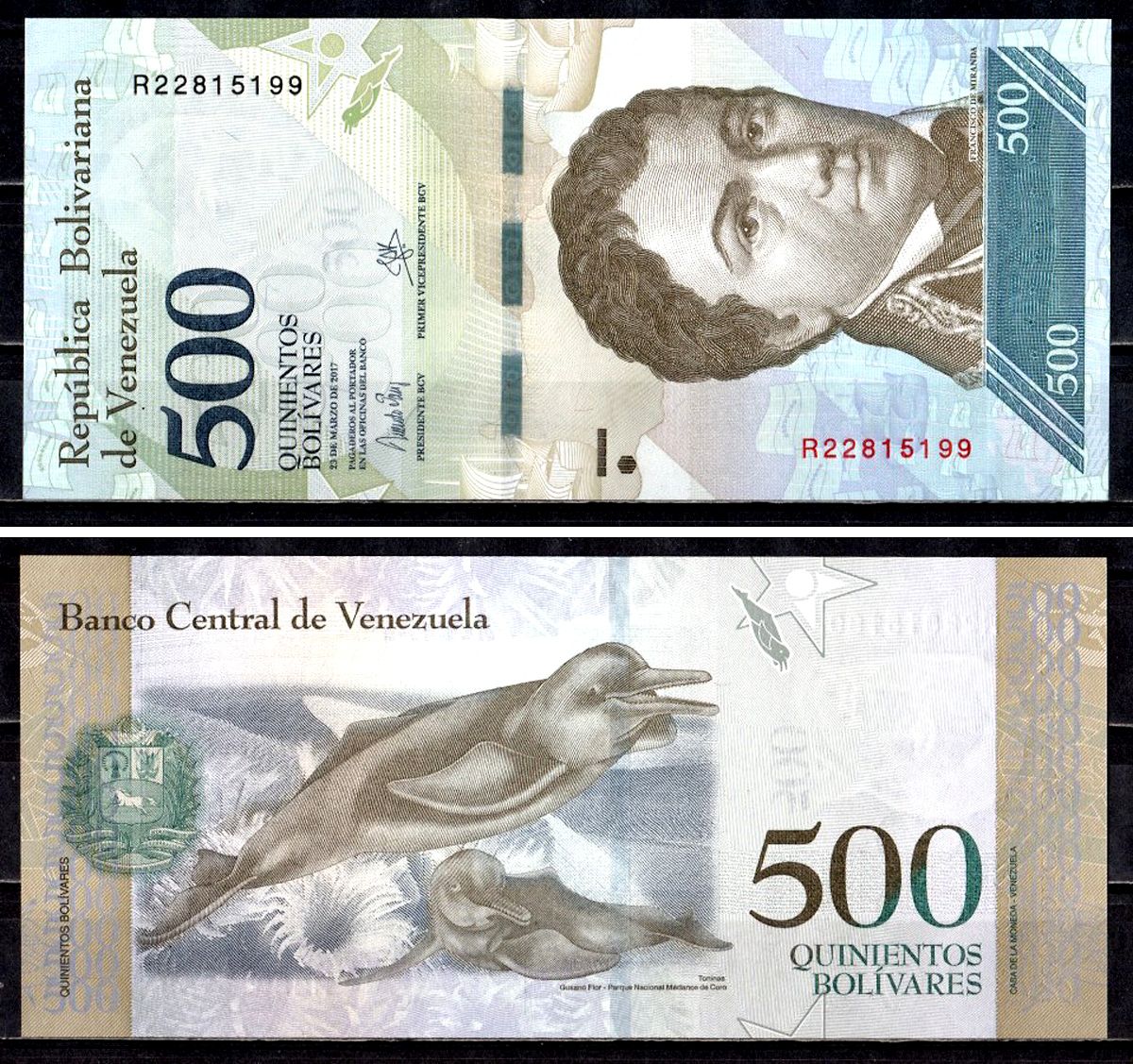 Венесуэла 500 боливаров 2017 23 марта 2017, Франсиско де Миранда, речной дельфин Pick 94 b бумага UNC (пресс) 6312-42-3-1