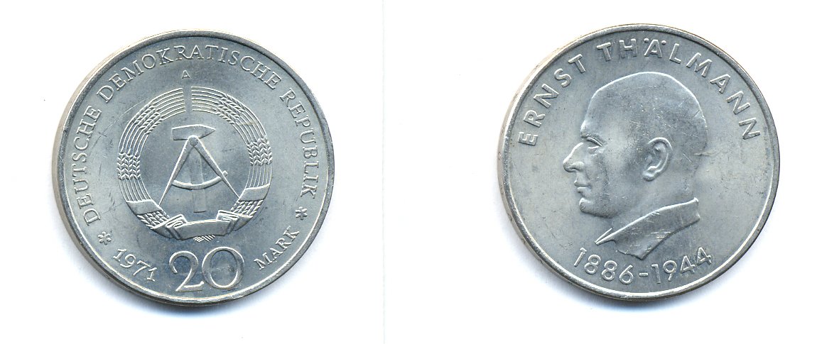 ГДР 20 марок 1971 A, 85 лет со дня рождения Эрнста Тельмана KM 34, J. 1535 медно-никель 3333-643