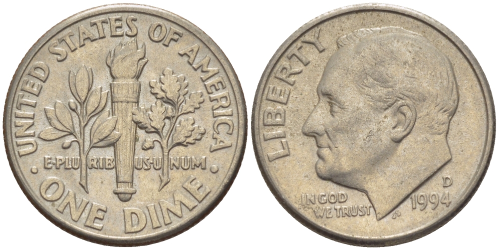 США 10 ЦЕНТОВ = 1 ДАЙМ 1994 D, РУЗВЕЛЬТ KM 195а медь плакированная медно-никелем 66-1128