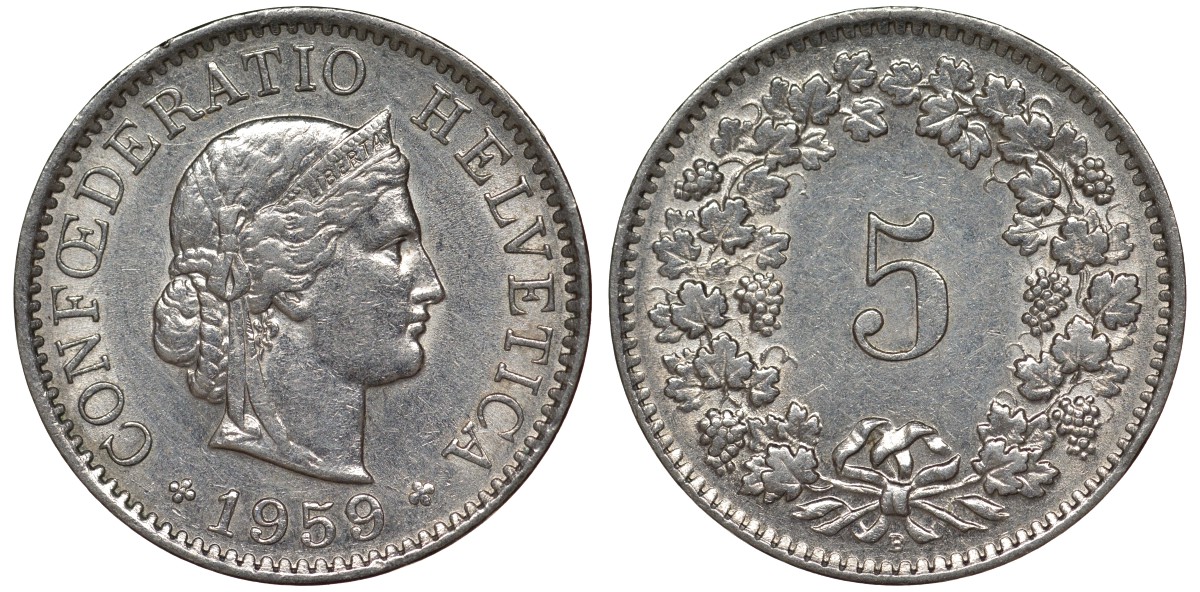 Швейцария 5 раппенов 1959 в KM 26 медно-никель 4124-533
