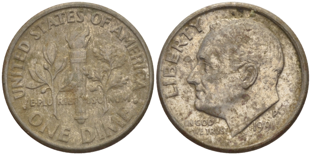 США 10 ЦЕНТОВ = 1 ДАЙМ 1991 P, РУЗВЕЛЬТ KM 195а медь плакированная медно-никелем 66-1124