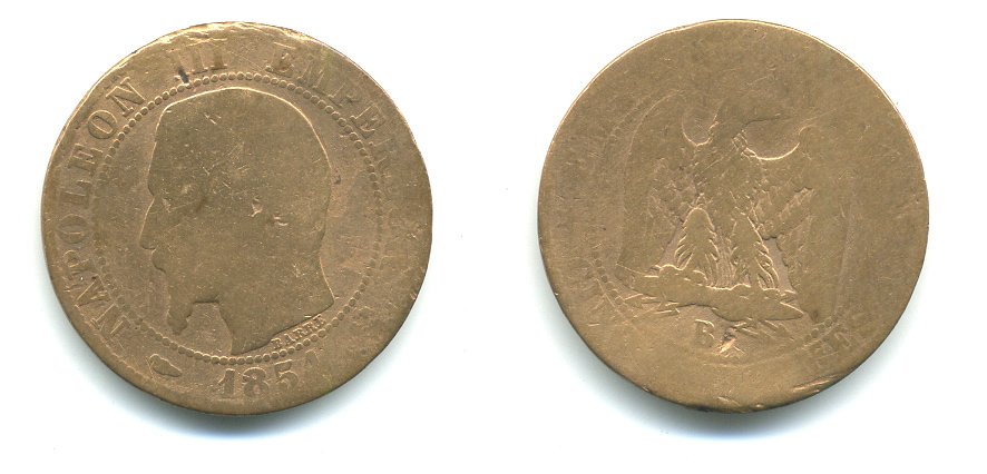 ФРАНЦИЯ 5 САНТИМОВ 1854 B, НАПОЛЕОН III (1852-1870) KM 777.2, LE FRANC 116.9 бронза 23-1323