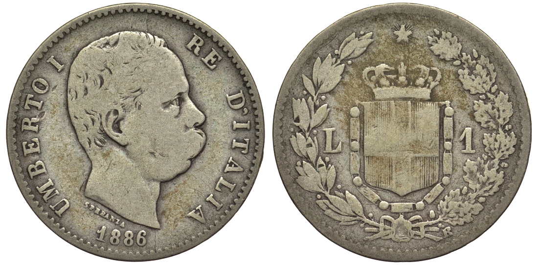 Италия 1 лира 1886 Умберто I (1878-1900) KM 24.1 серебро 27-1157