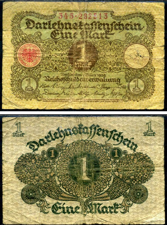 Германия 1 марка 1920 Pick 58 бумага 6301-5-1-1