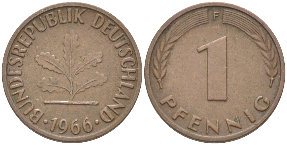 ФРГ 1 пфенниг 1966 F KM 105, J. 380 сталь плакированная медью 4181-542