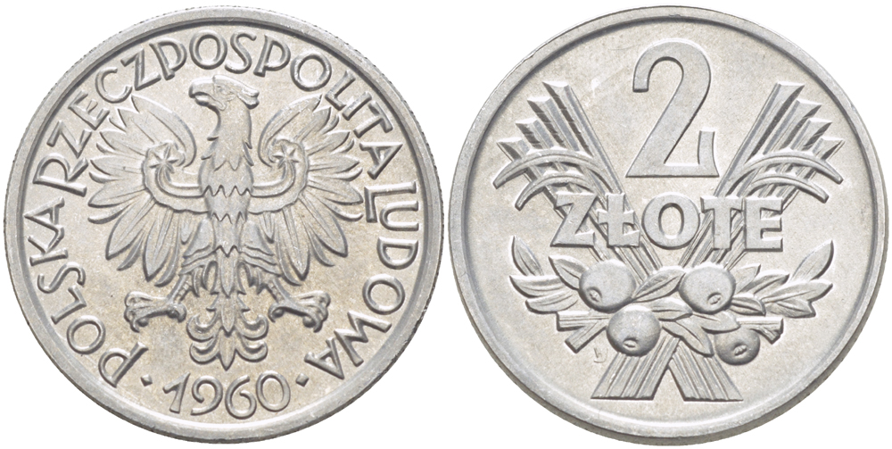 Польша 2 злотых 1960 MW KM 46, Parchimowicz 216c алюминий UNC 4185-1034